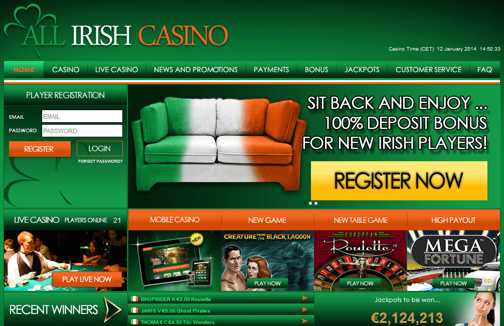 Скриншот сайта All Irish Casino